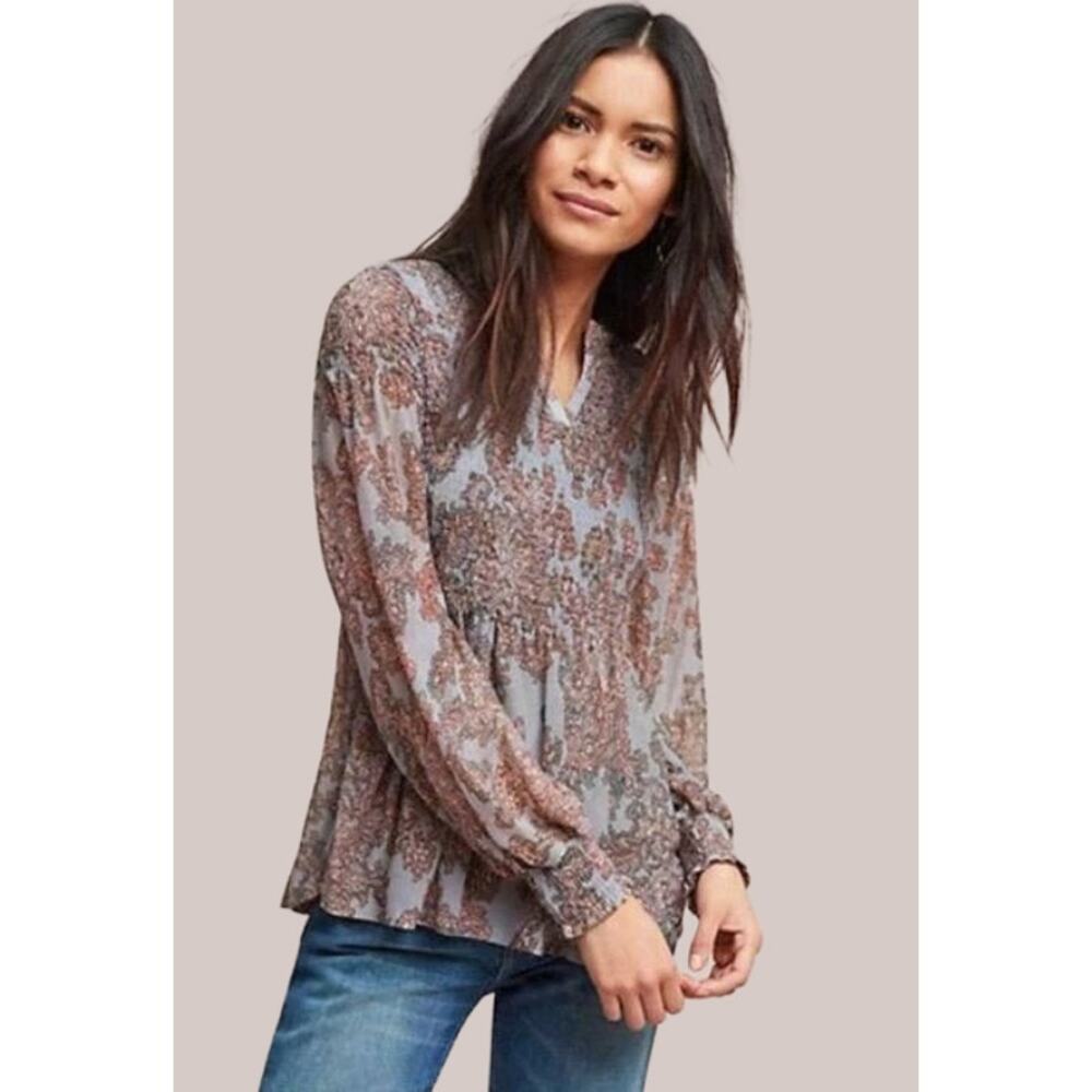 Anthropologie Akemi + Kin Women's Adria Smocked Paisley‎ Blouse Puff Long Sleeve